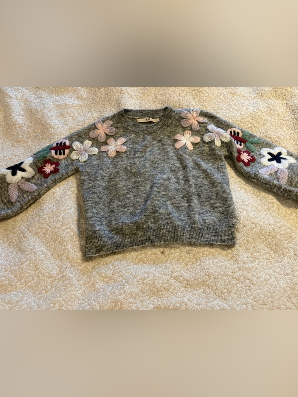 Gray Floral-Appliqué Crewneck Sweater